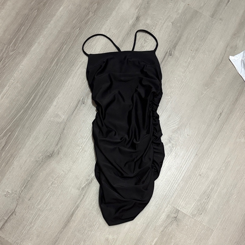 Black Ruched Mini Slip Dress with Spaghetti Straps